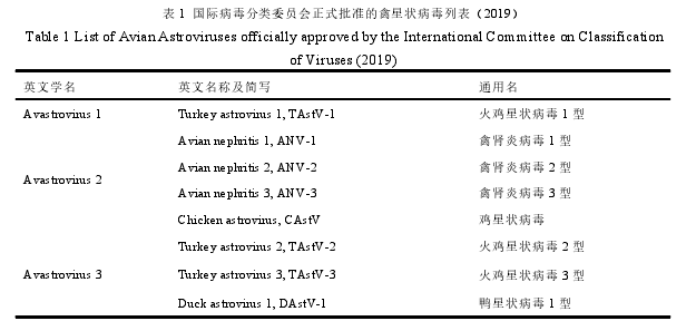 表 1 国际病毒分类委员会正式批准的禽星状病毒列表（2019）
