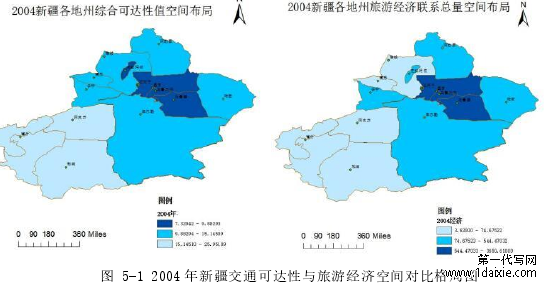 图 5-1 2004 年新疆交通可达性与旅游经济空间对比格局图