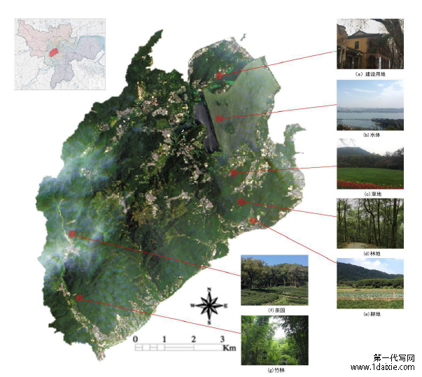 图 2.1 西湖风景区地理位置及景观类型