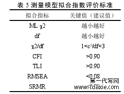 表 5 测量模型拟合指数评价标准