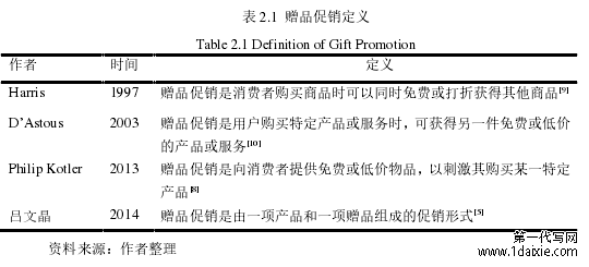 表 2.1 赠品促销定义